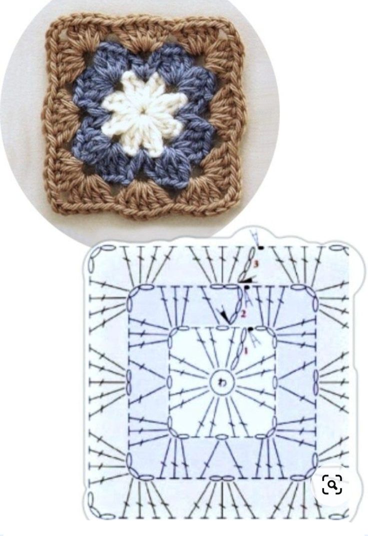 two crocheted squares are shown next to each other, one with a flower on it