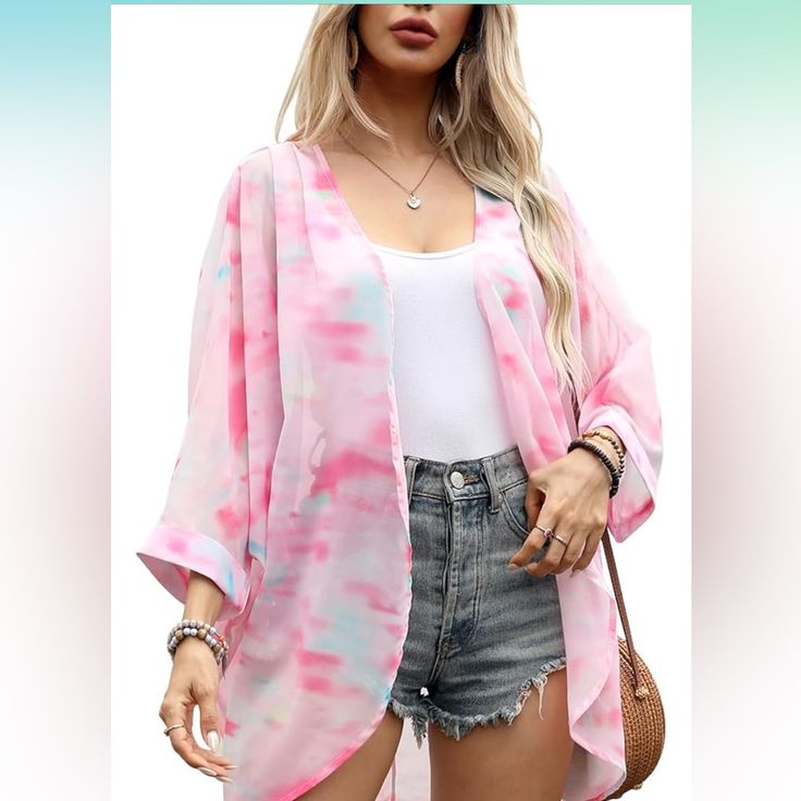 Nwt Beautiful 3/4 Batwing Sleeve Oversized Chiffon Kimono With A Curved Hemline. Sleeves Are 21” And Length Is 33”. Long T Shirt Dress, Long Tshirt Dress, Loose Kimono, Chiffon Cardigan, Chiffon Kimono, Cute Coats, Bat Sleeve, Womens Tops Summer, Free Flowing