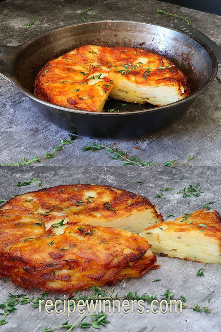 a pan with some food inside of it on a table next to a frying pan