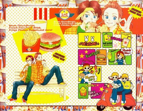 an advertisement for burgers and fries with two people sitting on a bench in front of them