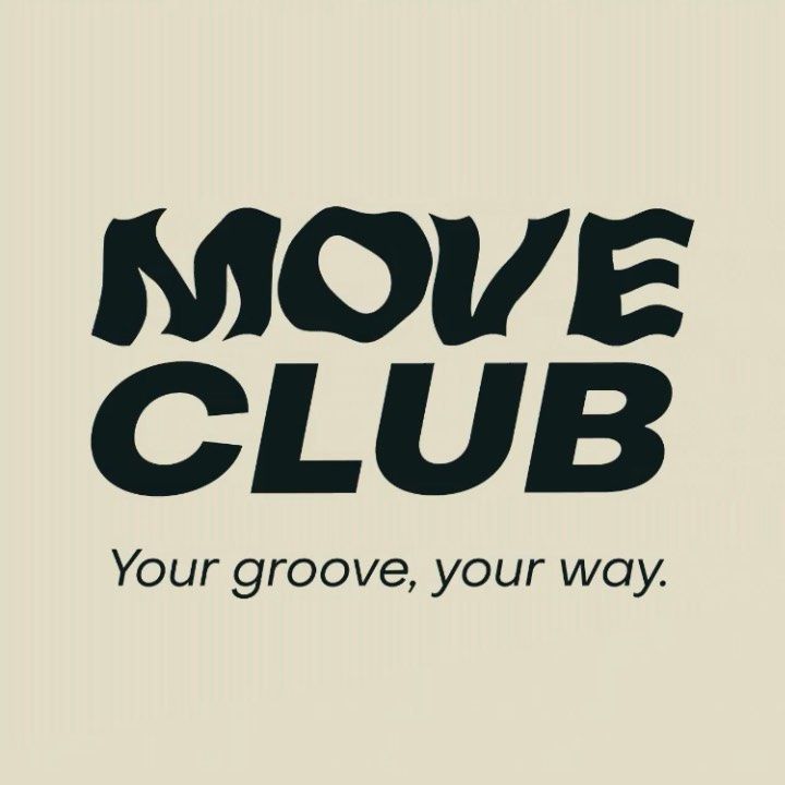 the move club logo is shown in black on a white background with an inscription above it