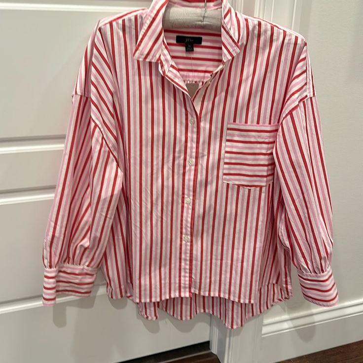 Cute And Stylish Oversized Stripped Button Down With Pocked With Striped In Different Direction. Beautiful Colors Pink, Red, White. Great Fit - Oversized With High Low Effect. Nwt. Red Oversized Blouse For Spring, Casual Red Shirt For Day Out, Red Long Sleeve Shirt For Day Out, Oversized Red Blouse For Spring, Casual Red Blouse With Button Cuffs, Red Shirt With Button Closure For Daywear, Oversized Trendy Red Shirt, Red Cotton Tops With Button Cuffs, Red Oversized Chic Tops