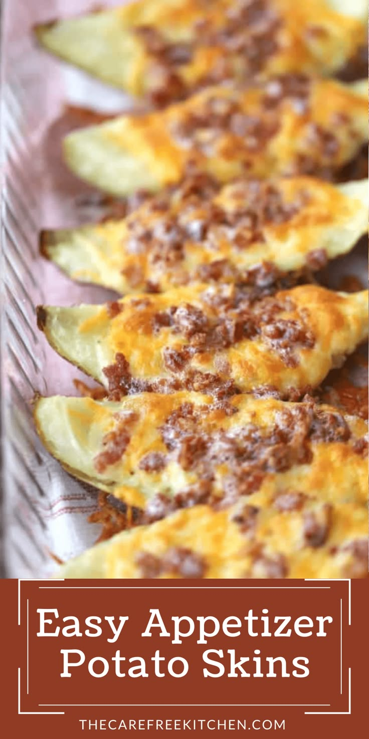 an easy appetizer potato skins recipe with cheese and meat on top is shown