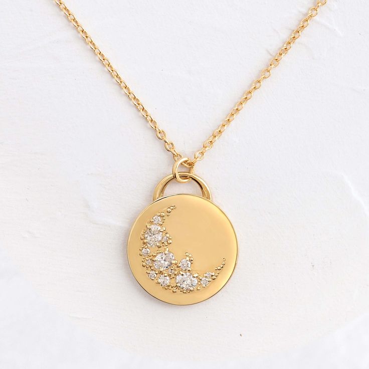 Skyward Necklace | 14k Gold Pendant | Melanie Casey Birthstone Necklace Mothers, Cvd Diamond, Types Of Diamonds, Yellow Gold Necklace, Local Jewelry, Moon And Stars, The Night Sky, Oval Diamond, White Diamonds