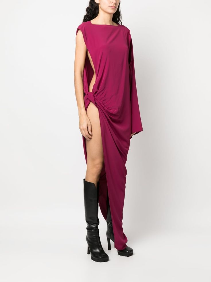 draped asymmetric maxi dress from Rick Owens featuring fuchsia pink, draped design, asymmetric design, cut-out detailing, square neck and asymmetric hem. This item contains more than 50% certified wood derived materials. These materials are certified, which means they come from responsibly managed forests which ensure zero deforestation, fair wage and work environment, biodiversity preservation and community rights.. Learn more about what makes a product Conscious on our Conscious Criteria page. One Shoulder Drape Dress, Rick Owens Dress, Rick Owens Women, Drape Gowns, Fuchsia Dress, Drape Sleeves, Designer Drapes, Silk Maxi Dress, Pink Maxi Dress