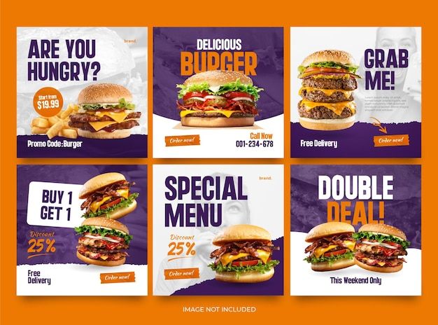 a set of four banners with burgers and fries on the front, two for each one