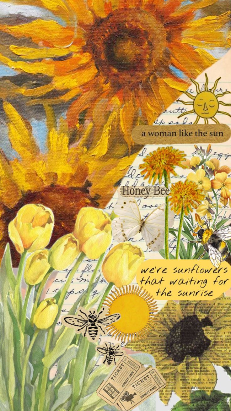 a collage of sunflowers and flowers with words written on the bottom right side