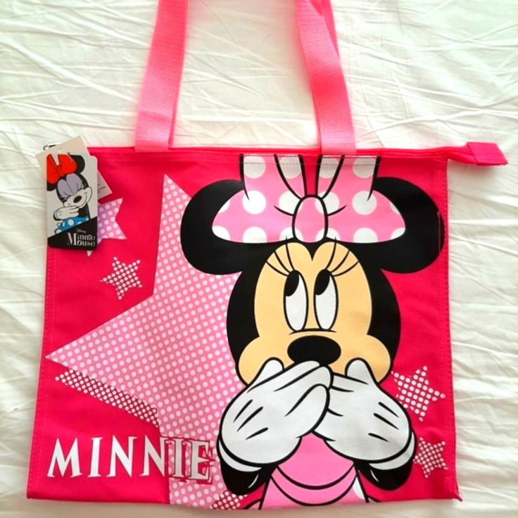 Disney Minnie Mouse Zipper Tote Bag Pink Character Bag For Everyday Use, White Minnie Mouse Bag For Daily Use, Character Style Pink Bag For Disney Trips, White Minnie Mouse School Bag, Disney Style Minnie Mouse Bag For Disney Fan Events, Playful Pink Bag For Disney Trips, Pink Bags With Zipper For Disney Trips, Pink Character Bag For Disney Trips, Pink Bags With Zipper Closure For Disney Trips