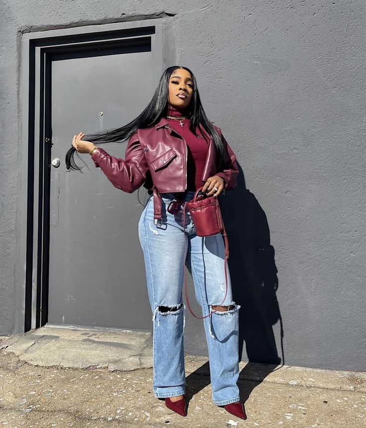 Tan And Silver Outfit, Burgundy Outfits For Black Women, Red Jacket Black Pants Outfit, Valentines Concert Outfit, Fall Fashion Baddie, Grown Woman Outfits Black Women Fall, Bronnniee Outfit, Feminine Fall Outfits Black Women, Burgundy Outfits Black Women