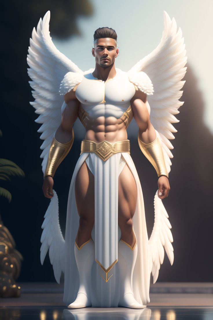 a man dressed as an angel standing in front of a mirror with his hands on his hips