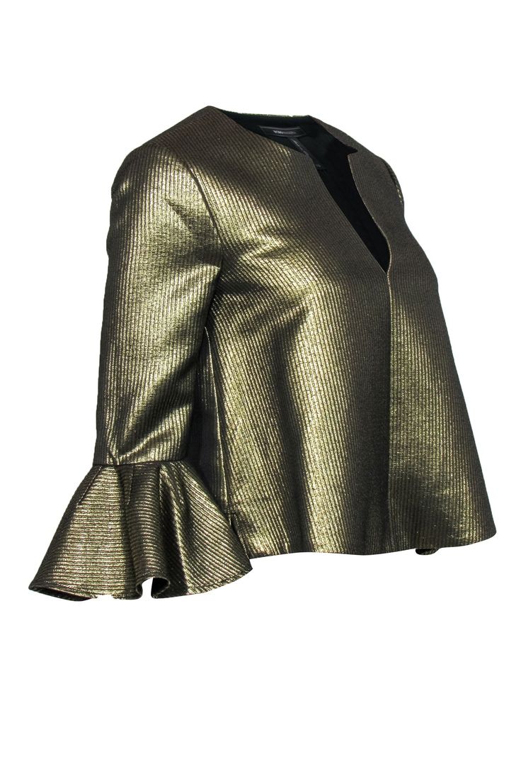 Go for gold with this dazzling blouse from BCBG Max Azria! Made with a super shiny metallic design and posh bell sleeves, this textured beauty is perfect for bringing a little razzle dazzle to your next holiday soiree. Pair with a flared skirt and sparkly tights and you'll be sipping eggnog and mingling under the mistletoe in no time! Size XS Shell: 47% Polyester, 38% Cotton, 15% Metallic Lining: 100% Polyester Notch neckline Cropped bell sleeves Textured design Bust 37" Waist 40" Sleeve length Gold V-neck Blouse For Work, Gold V-neck Top For Fall, Elegant V-neck Tops For Festive Occasions, Elegant V-neck Holiday Tops, Glamorous Shiny Gold Tops, Shiny Gold Tops For Night Out, Shiny Gold Top For Night Out, Metallic Shiny Top For Party Season, Glamorous Shiny Tops For Spring