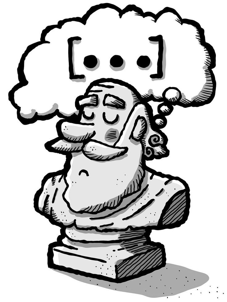 a black and white drawing of a statue with a thought bubble above it's head