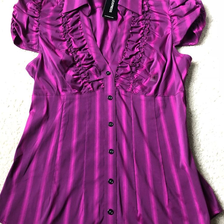 Purple And Pink Button Down Short Sleeve Blouse. Brand New. Purple Short Sleeve Blouse With Buttons, Purple Short Sleeve Button Blouse, Chic Purple Blouse With Button Closure, Purple V-neck Blouse For Formal Occasions, Purple V-neck Formal Blouse, Purple Short Sleeve Shirt With Buttons, Fitted Purple Top With Buttons, Fitted Purple Top With Button Closure, Fitted Purple Shirt For Office