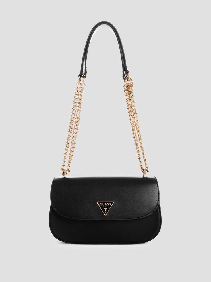 Smooth faux-leather crossbody bag Shiny gold-tone hardware Enameled triangle logo Multiple interior pockets Fold-over flap with magnetic snap closure Convertible chain strap with short 13.75" drop & longer 20.75" drop 9.5"W x 5.5"H x 2.75"D Crossbody Guess, Triangle Logo, Chain Strap, Leather Crossbody Bag, Cross Body Handbags, Leather Crossbody, Snap Closure, Convertible, Crossbody Bag