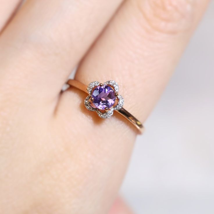 Natural Amethyst Flower Promise Ring Bridesmaid Ring, Perfect 5mm Purple Stone Ring for her, she will like it. | MAKE TO ORDER | * Metal: 925 Sterling Silver Custom Color: Gold Vermeil in 18K Rose Gold/ 18K Yellow Gold, Sterling Silver Main Stone: Amethyst, 5mm Round Shape, 1pc Side Stone: Cubic Zirconia, 15 pcs * Metal: 14K gold Custom Colors: Rose Gold, Yellow Gold, White Gold Main Stone: Amethyst, 5mm Round Shape, 1pc Side Stone: Diamonds, 15 pcs, 0.04 ct. Flower Measurements: around 7.80*8.1 Purple Birthstone Ring With Gemstone Accents As Gift, Amethyst Diamond Ring With Gemstone Accents As Gift, Round Amethyst Ring With Gemstone Accents For Anniversary, Yellow Gold Amethyst Crystal Ring For Anniversary, Anniversary Amethyst Ring With Gemstone Accents, Purple Amethyst Ring Gift, Fine Jewelry Style, Amethyst Crystal Ring In Yellow Gold For Anniversary, Purple Amethyst Ring Fine Jewelry Gift, Purple Amethyst Ring Fine Jewelry For Gift