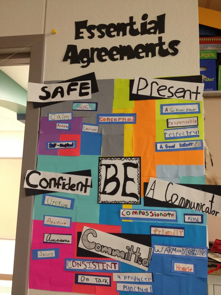 a bulletin board with different types of stickers on it and the words essential agreements