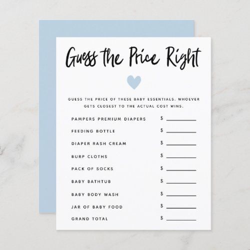 the price is right game card with blue heart on white and light blue paper, sitting on a marble surface