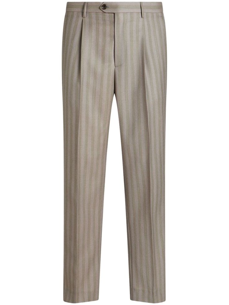 beige pinstripe pattern pleat detailing pressed crease mid-rise belt loops front button and zip fastening two diagonal pockets to the sides two rear button-fastening jetted pockets straight leg Pinstripe Pattern, Tailored Pants, Tailored Trousers, Bottoms Pants, Mid Rise, Top Brands, Straight Leg, Trousers, Luxury Fashion