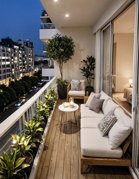 a balcony with couches and potted plants on the deck at night or dawn