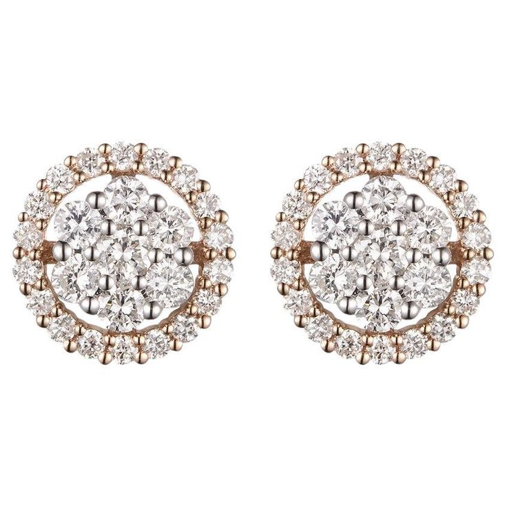 These Diamond Cluster Earrings with a Diamond Halo Jacket are an exquisite pair of earrings crafted in 18 karat rose and white gold. They feature a total of 0.83 carats of round diamonds, creating a stunning display of brilliance and elegance. The center of each earring is adorned with 14 round diamonds, forming a captivating cluster that catches the light beautifully. Surrounding the cluster is a diamond halo, adding an extra layer of sparkle and enhancing the overall glamour of the earrings. T Cluster Earring, Diamond Cluster Earrings, Earring Crafts, Cluster Earrings, Diamond Halo, Diamond Cluster, Antique Jewellery, Halo Diamond, White Gold Diamonds