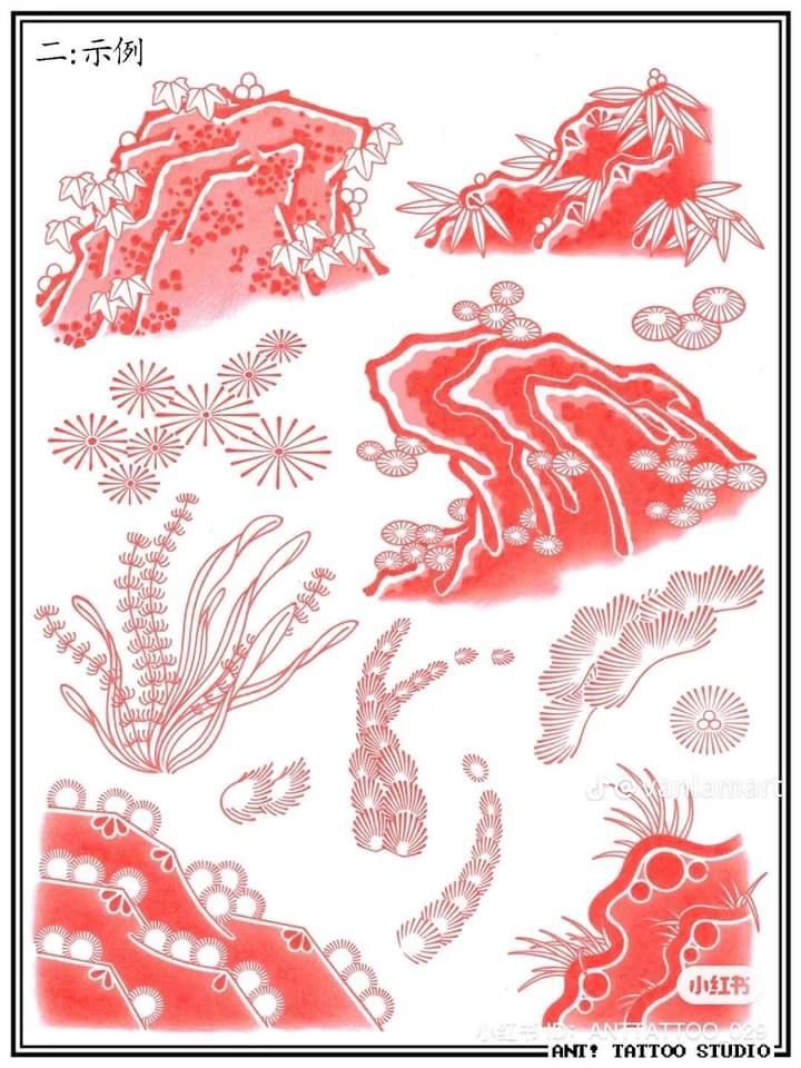 an image of corals and seaweed in red ink