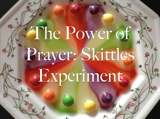 the power of prayer skittles experiment on a white plate with colorful candies