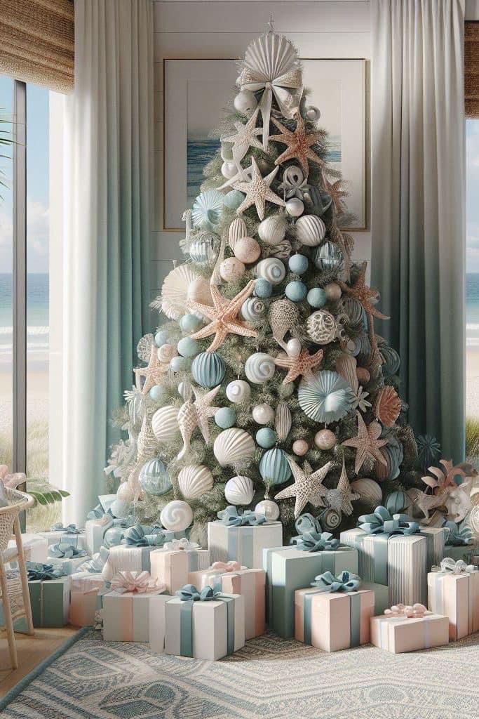 a christmas tree decorated with blue and white balls, seashells and starfish