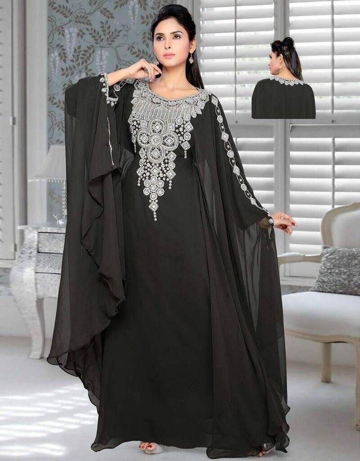 Mashallah! ❤️ Kaftan Dresses Sparkling Shop Now : https://bit.ly/3woyocZ Buy online @ $194.95 #kaftangown #kaftannearme #kimonokaftan #pakistanikaftandress #beadedkaftan #dubaikaftandress #arabicattire #caftan Arabian Kaftan, Modern Kaftan, Abaya Noir, Black Kaftan, Muslim Dresses, Kaftan Maxi Dress, Utsav Fashion, Muslim Dress, Women's Robe