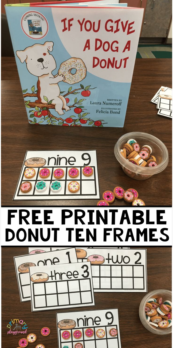 the printable donut ten frames are on display in front of an open book