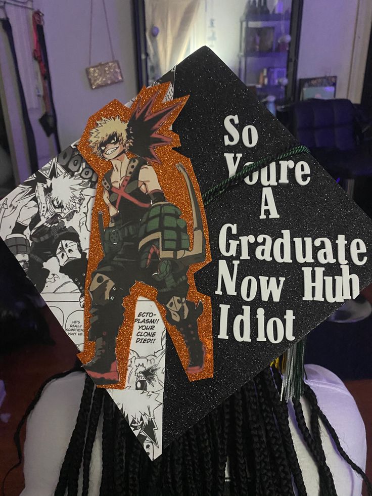 Jojo Graduation Cap, Anime Themed Graduation Caps, Anime Cap Ideas For Graduation, Graduation Cap Anime Designs, Anime Cap Decoration Graduation, Mha Graduation Cap, Cap Decoration Graduation Anime, Demon Slayer Graduation Cap, Anime Graduation Cap Designs