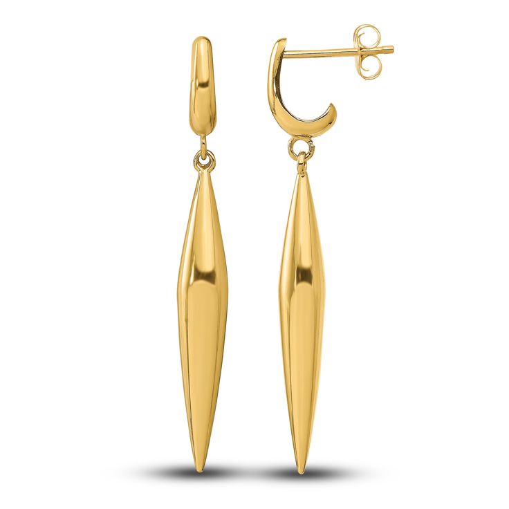 Striking spear dangles are adorned with a high-polish finish in these glamorous women's dangle earrings. Fashioned in 14K yellow gold, the earrings secure in place with friction backs. Polished Yellow Gold Diamond Drop Earrings, 14k Gold Polished Drop Diamond Earrings, Formal Long Drop Earrings Tarnish Resistant, Formal Long Drop Tarnish Resistant Earrings, Formal Long Drop Tarnish-resistant Earrings, Polished Finish Diamond Drop Earrings For Formal Occasions, Formal Polished Diamond Drop Earrings, Formal Polished Finish Diamond Drop Earrings, Yellow Gold Dangle Earrings With Polished Finish