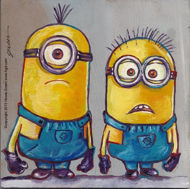 two yellow and blue minion characters are facing each other, with one staring at the viewer