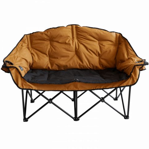 a dog bed that is sitting on top of a metal frame with an orange cover over it