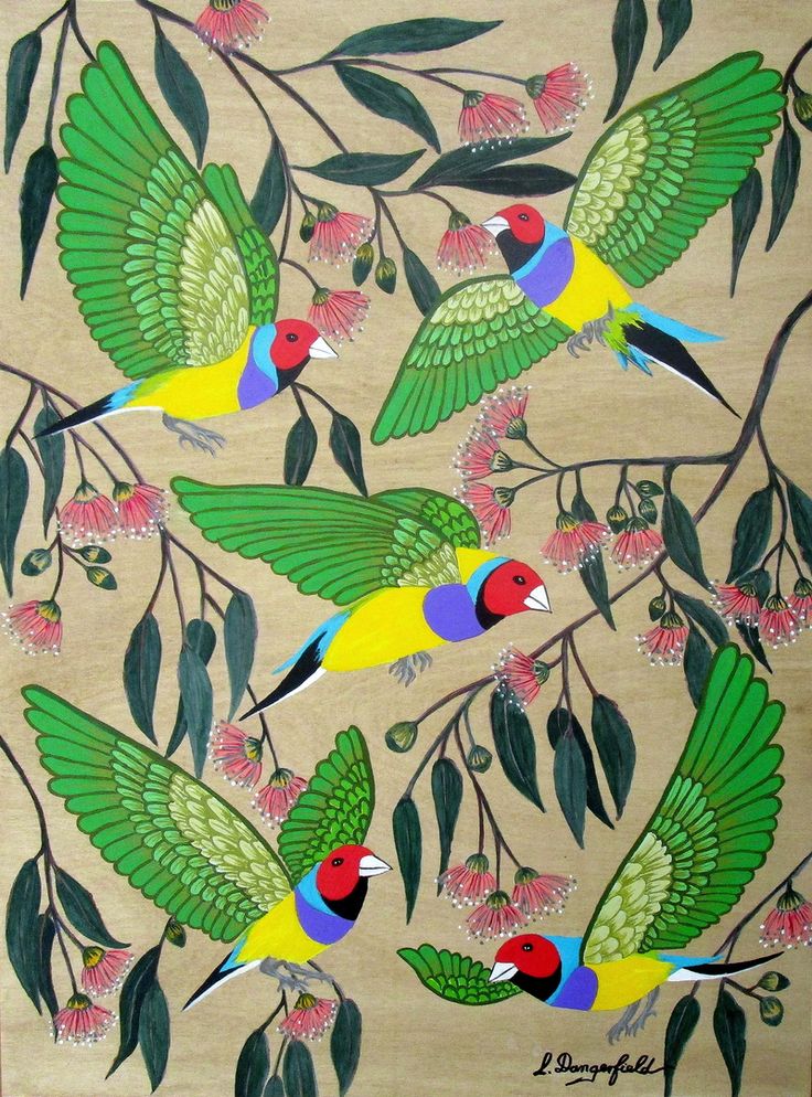 a painting of birds on a tree branch