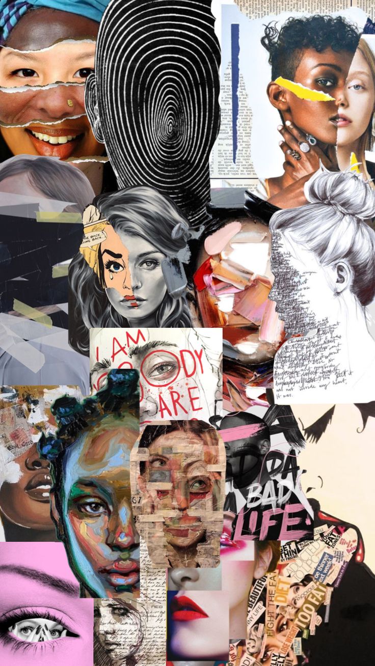 collage of various images with words and pictures on the bottom right hand corner, including woman's face