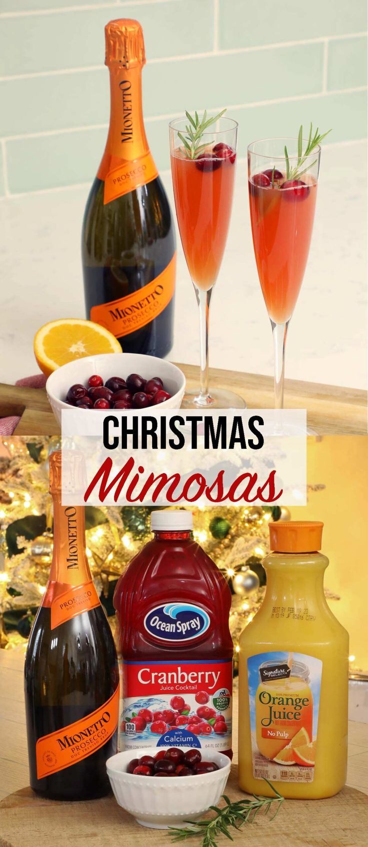 christmas minosas with orange juice and cranberry sauce in front of them