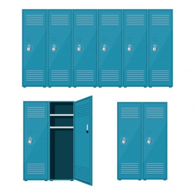 three rows of blue lockers with doors open and one closed, the other closed