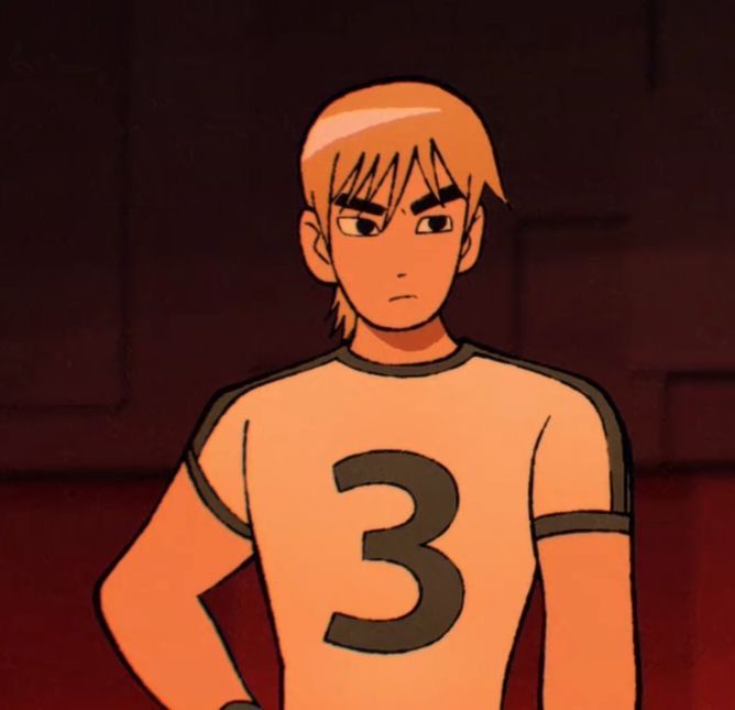 an anime character with blonde hair standing in front of a red wall and wearing a number three t - shirt