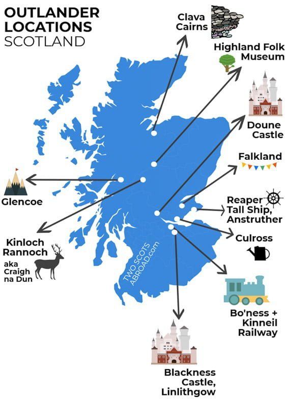 a map showing locations in scotland with the names and their major cities on it's side