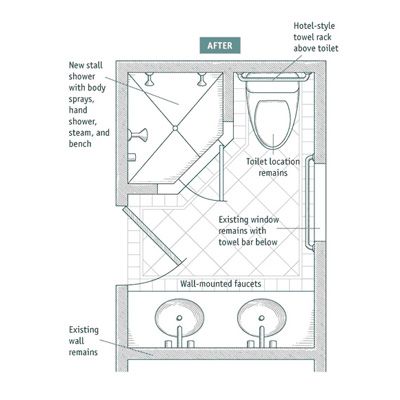 a bathroom floor plan with two sinks, toilet and shower