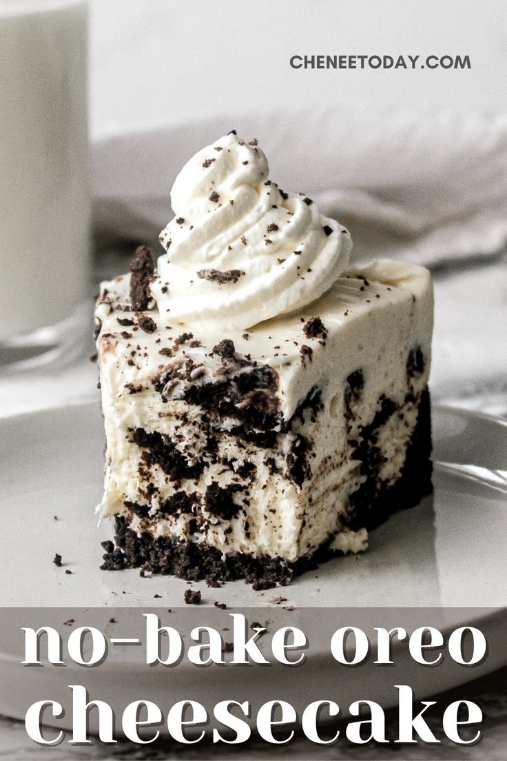 there is a piece of cake with whipped cream on top and oreo - bake cheesecake in the middle