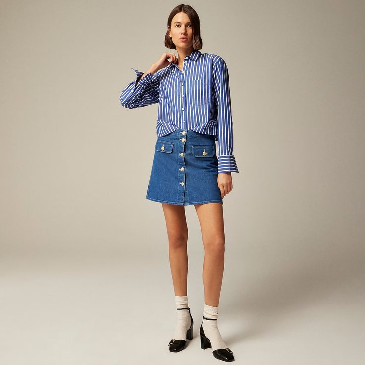 J.Crew: Button-front Denim Mini Skirt For Women Denim Mini Skirt For Work, Spring Button-up Mini Skirt, Summer Button-up Denim Skirt For Work, Button-up Denim Skirt With Snap Buttons, Chic Mini Length Denim Skirt For Work, Chic Mini Denim Skirt For Work, Button-up Denim Skirt For Spring, Spring Button-up Mini Skirt With Zip Fly, Spring Button-up Mini Skirt With Button Zip Fly