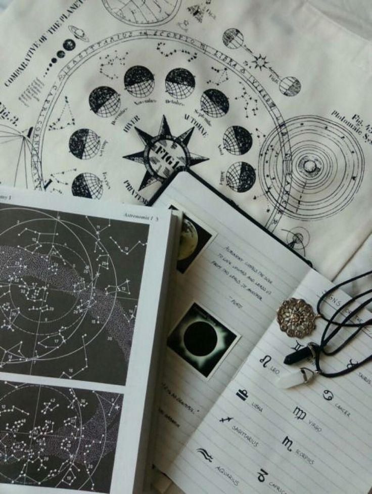 several notebooks with astro symbols on them sitting next to each other in front of an open notebook