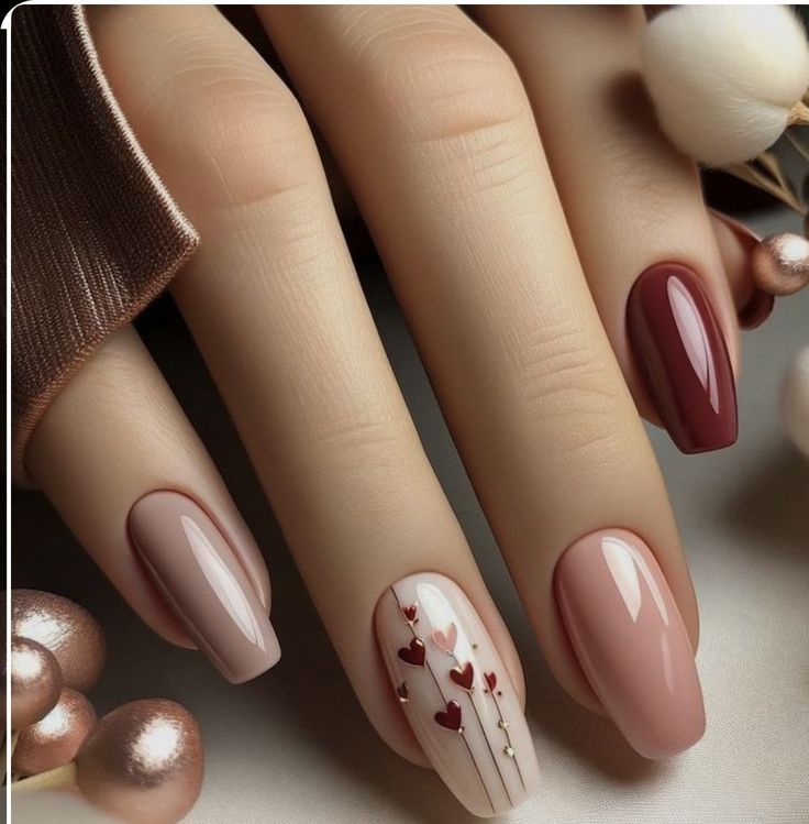 Neutral Nails With Heart Design, Fall Nail Ideas Burgundy, Nail Art Designs Red Colour, Fall Nails Almond Shape Burgundy, Neutral Gel Nail Colors Classy, Autumn Natural Nails, Jesenji Nokti 2024, Nude Nails With Red Design, Neutral Almond Nails Classy Simple