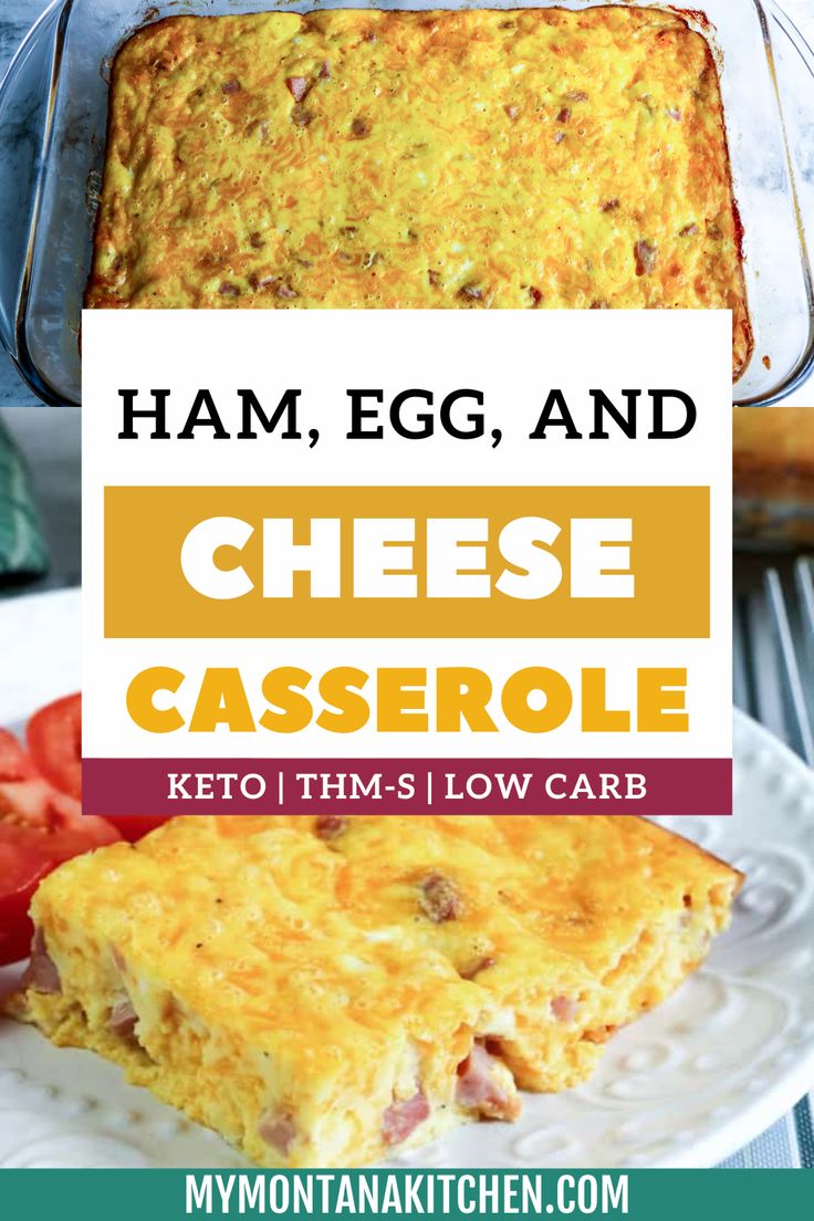 ham, egg and cheese casserole on a white plate with text overlay