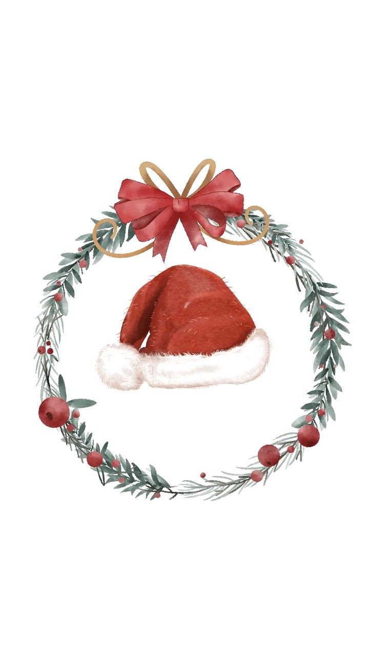 a watercolor christmas wreath with a santa hat