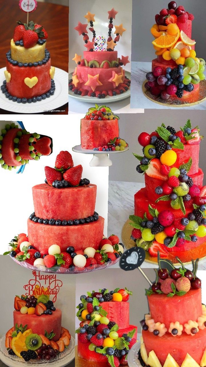 a collage of photos showing different types of cakes and desserts on display in various stages of creation