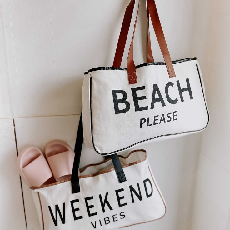 The Weekend Getaway Tote Bags call for two plane tickets and a cocktail! We know you are going to love them as much as we do. Materials: Canvas, PU Leather, Cotton 100% cotton canvas tote bag PU leather handles 20"L x 5"W x 11"H 11.2 oz Everyday Canvas Beach Bag With Leather Handles, Everyday Beach Bag With Leather Handles And Canvas Material, Casual Canvas Bags For Weekend, Casual Canvas Bag With Leather Handles For Weekend, Canvas Beach Bag With Leather Handles For Travel, Cotton Tote Weekender Bag For Weekend Trips, Trendy Canvas Bag With Letter Print For Travel, Trendy Canvas Travel Bag With Letter Print, Trendy Canvas Bag For Travel With Letter Print