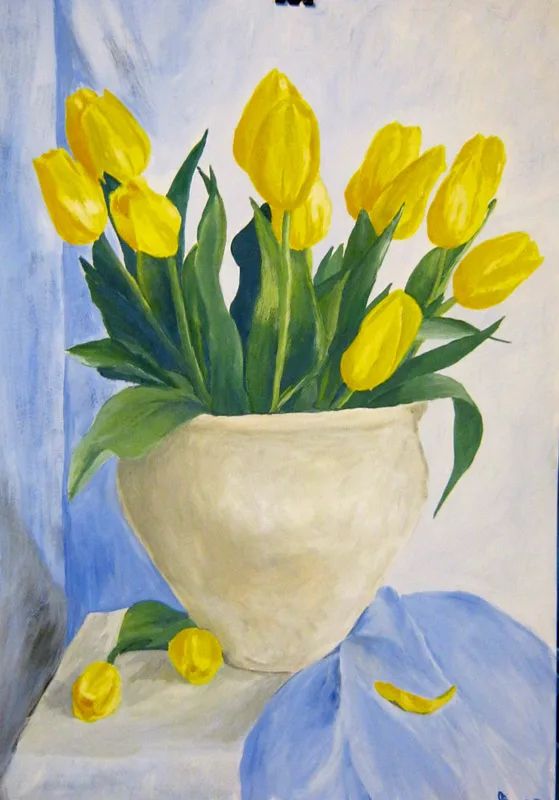 a painting of yellow tulips in a white vase