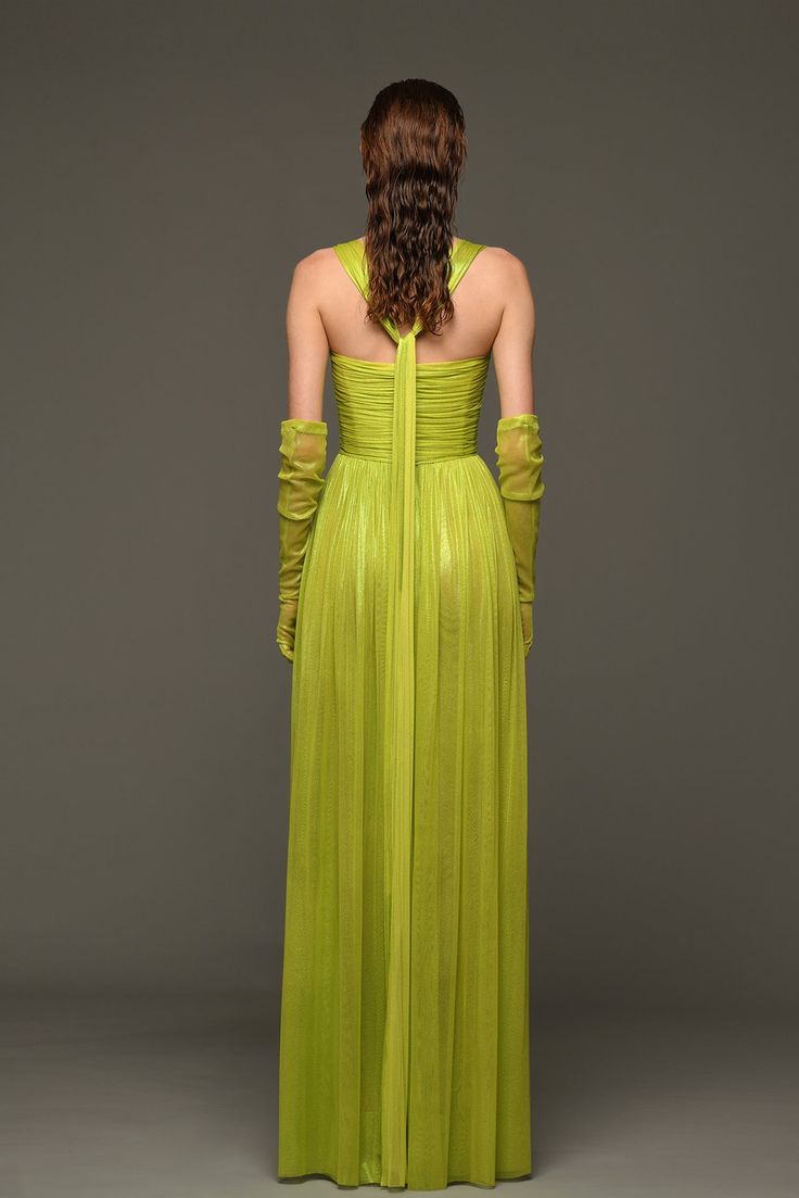 Description Lime A-line, Long dress Sleeveless Open neckline Silk Dry Clean Made in Lebanon 600- 4-15 Fitted Pre-draped Organza Evening Dress, Pre-draped Organza Evening Gown, Luxury Organza Dress With Fitted Bodice, Luxury Organza Dress For Evening, Pre-draped A-line Cocktail Evening Dress, Green A-line Evening Dress For Gala, Fitted Sheer Pre-draped Dress, Luxury Evening Tulle Dress, Green Pleated Bodice Evening Dress For Gala